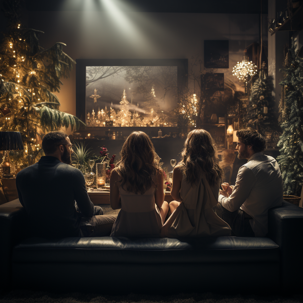 Four People Looking at Christmas Tree in Dark Room